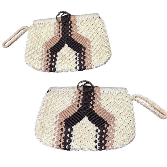 1960s Tan Brown Stripe Macrame Woven Wristlet Clutch Purse * - Picture 3 of 4